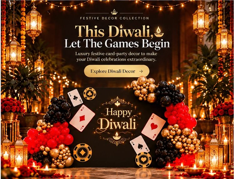 Festoura luxury Diwali card party decoration with Happy Diwali backdrop, red black and gold balloons, festive lanterns and lights